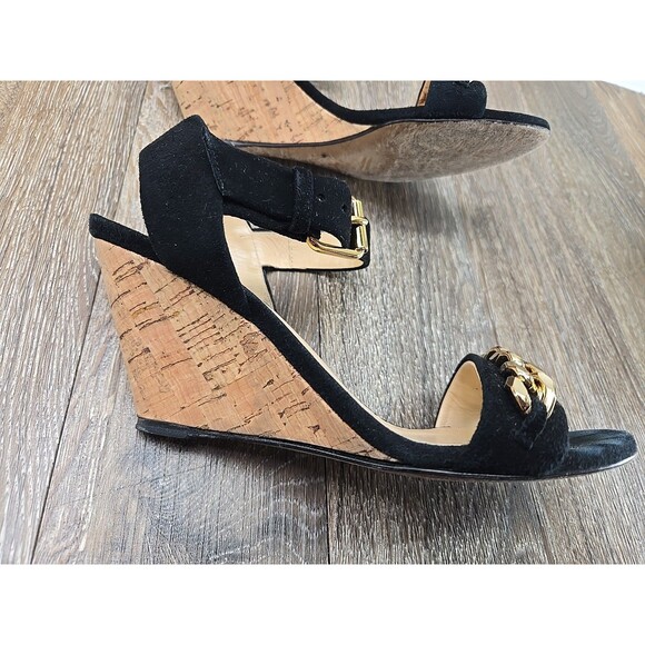 Giuseppe Zanotti Design Women's 36.5 (US 6) Black Suede Cork Wedges Gold Chain - Picture 2 of 16